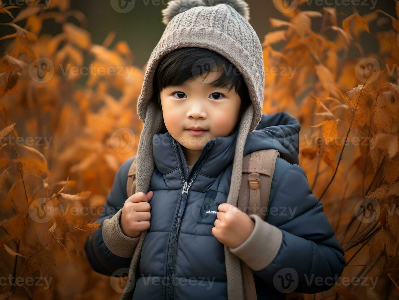 Asian kid in emotional dynamic pose on autumn background AI Generative photo