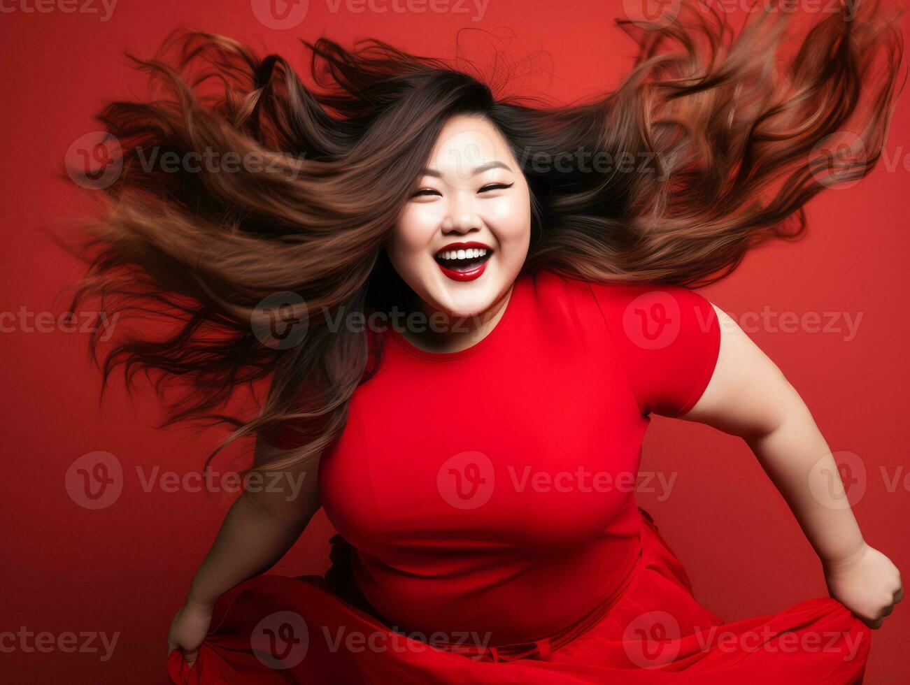 más Talla asiático mujer en emocional dinámica actitud ai generativo foto