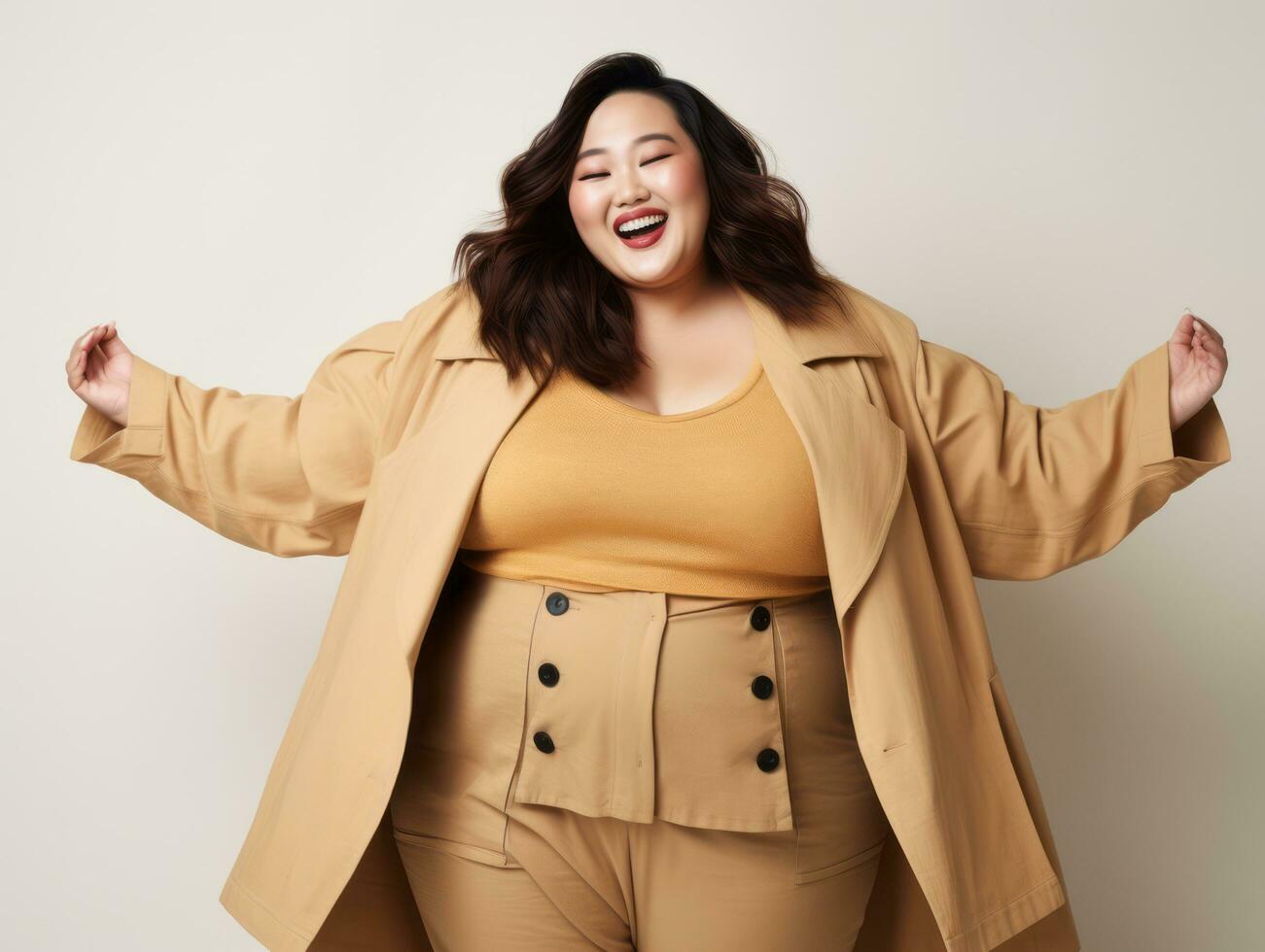 Plus size asian woman in emotional dynamic pose AI Generative photo