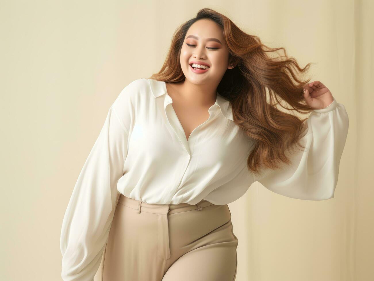 Plus size asian woman in emotional dynamic pose AI Generative photo
