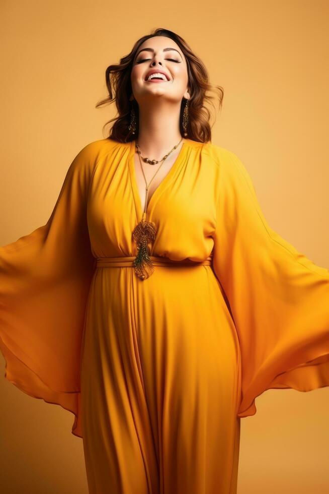 Plus size woman in emotional dynamic pose AI Generative photo