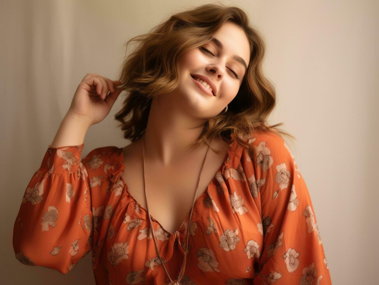 Plus size woman in emotional dynamic pose AI Generative photo