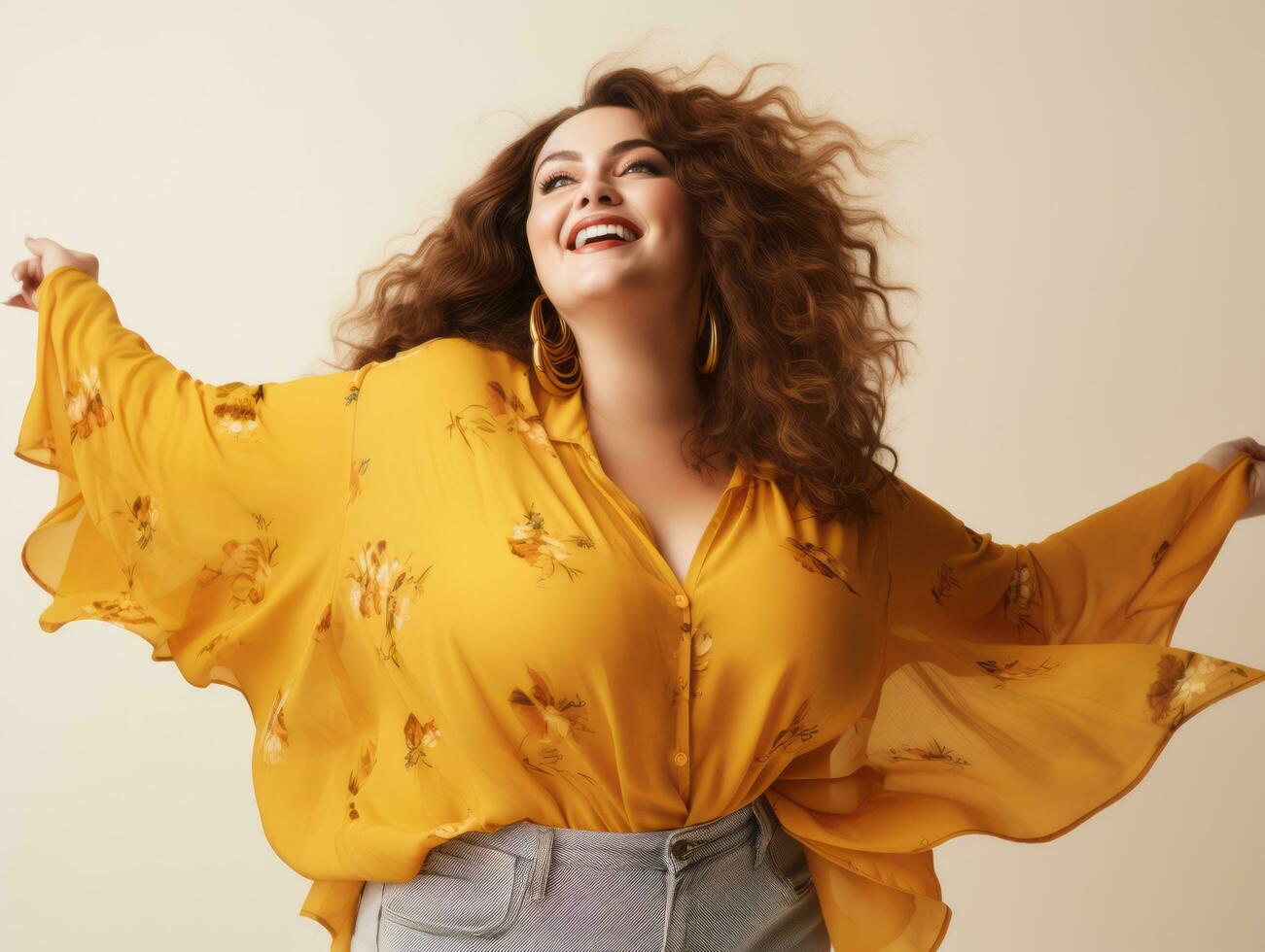 Plus size woman in emotional dynamic pose AI Generative photo