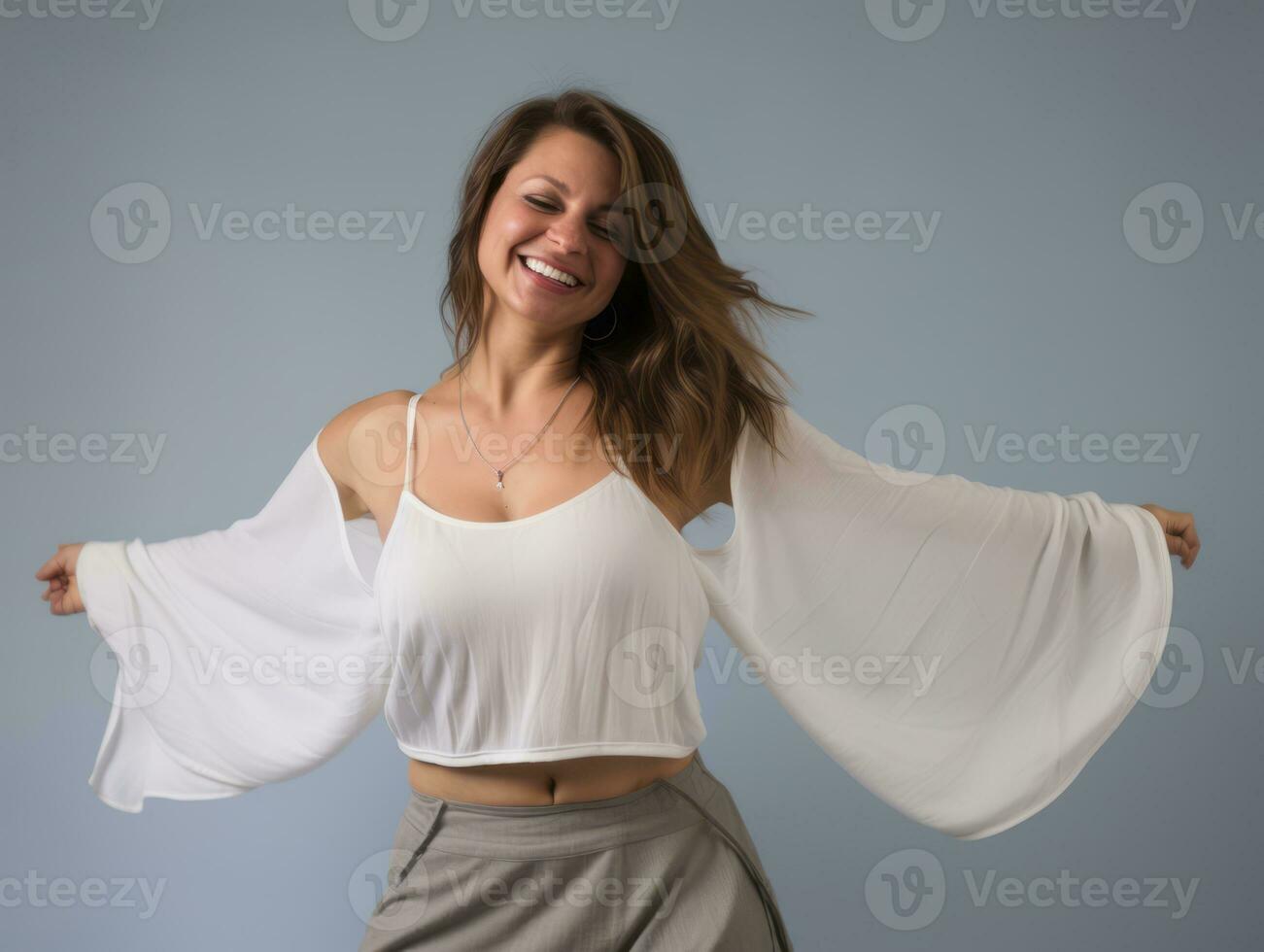 Plus size woman in emotional dynamic pose AI Generative photo