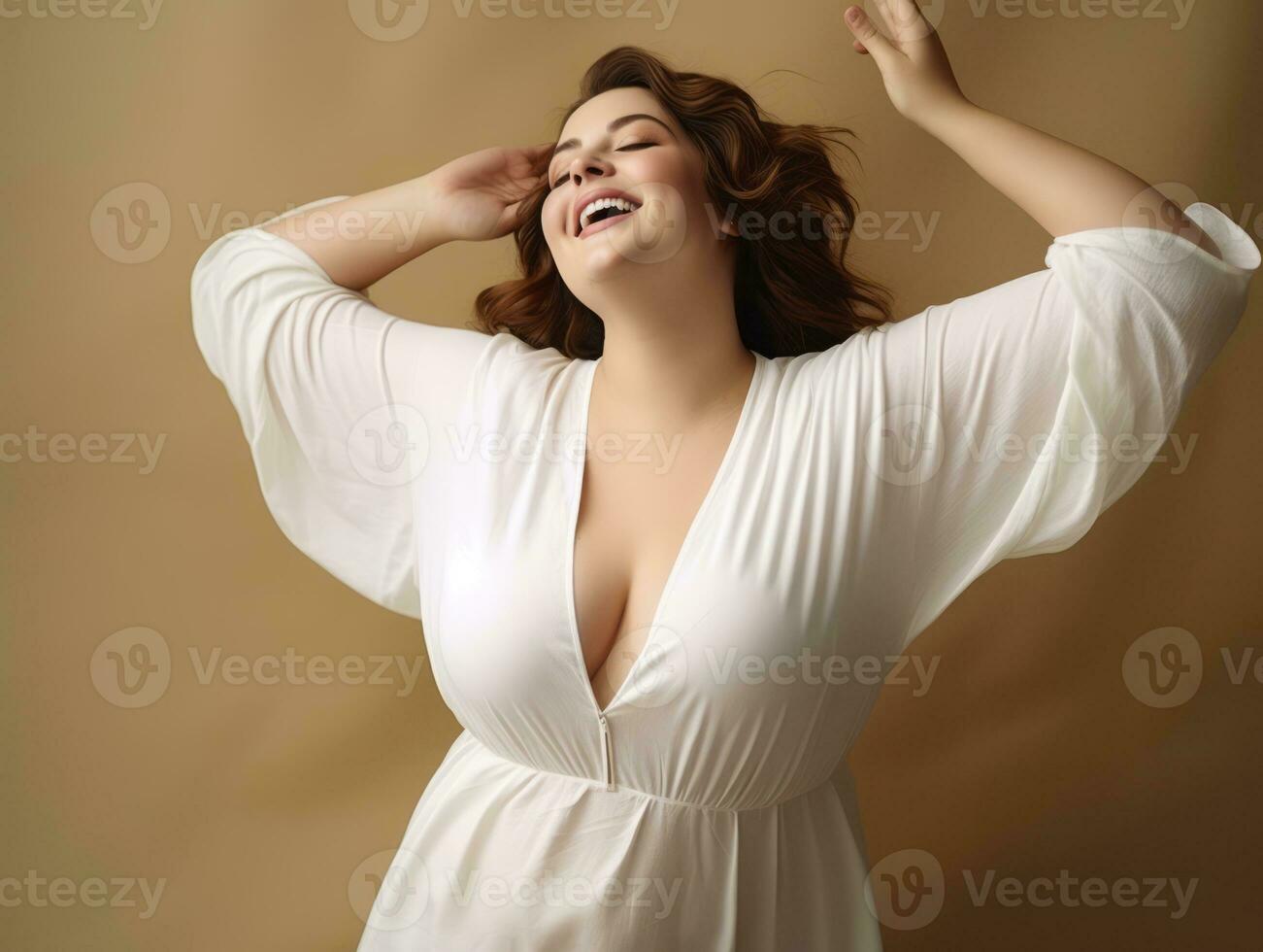 Plus size woman in emotional dynamic pose AI Generative photo