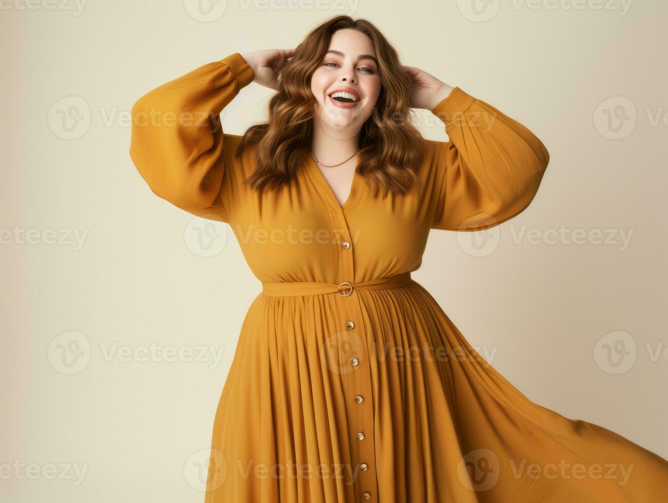 Plus size woman in emotional dynamic pose AI Generative photo