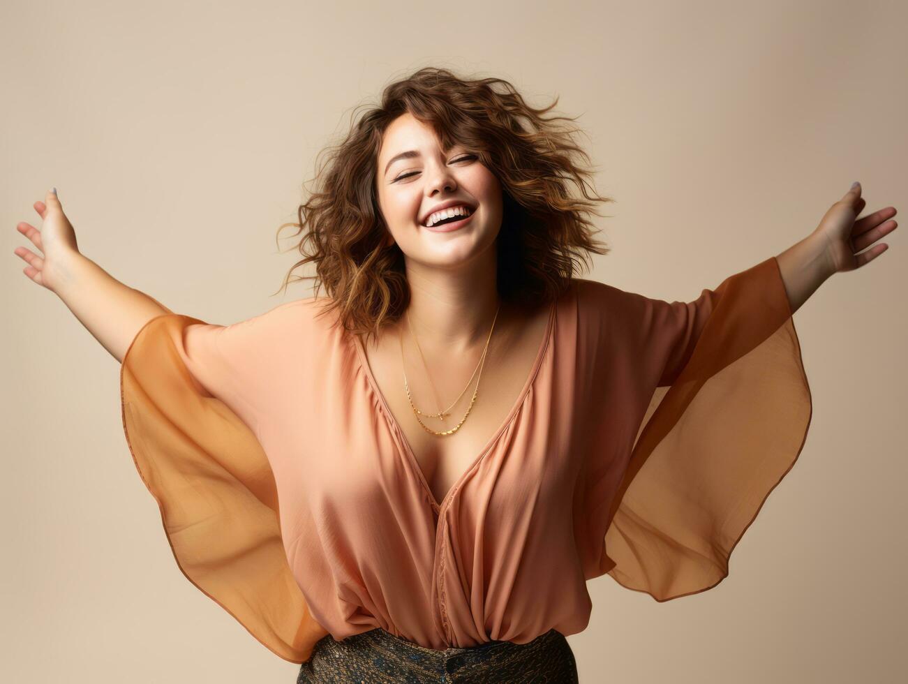 Plus size woman in emotional dynamic pose AI Generative photo