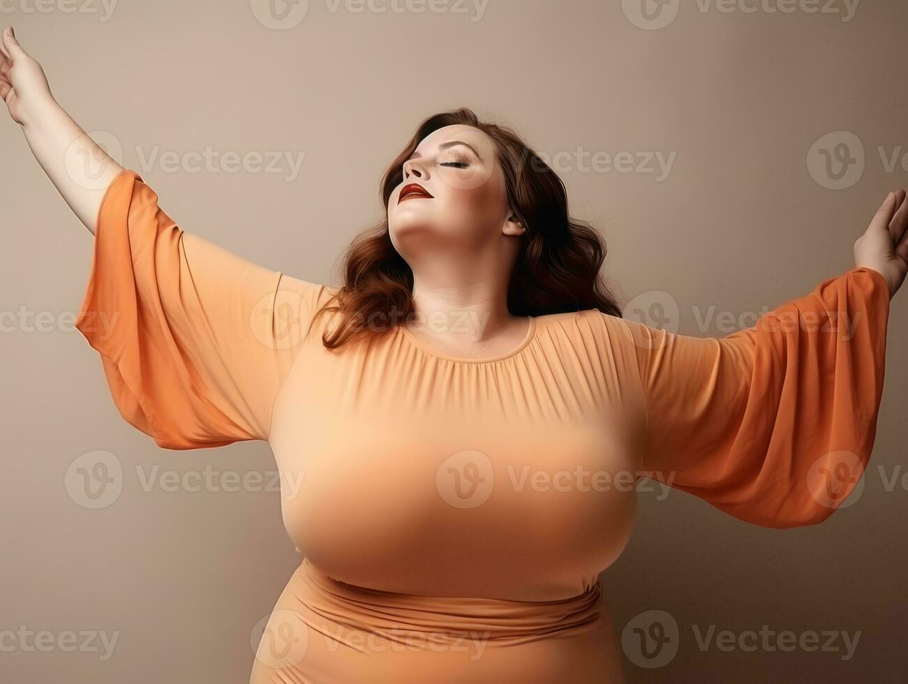 Plus size woman in emotional dynamic pose AI Generative photo