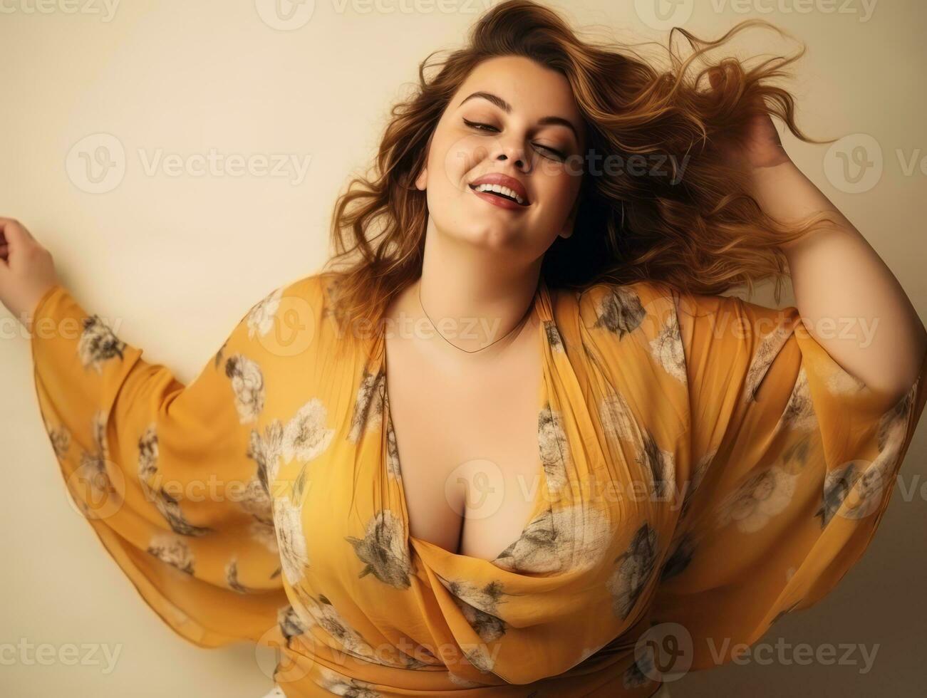 Plus size woman in emotional dynamic pose AI Generative photo