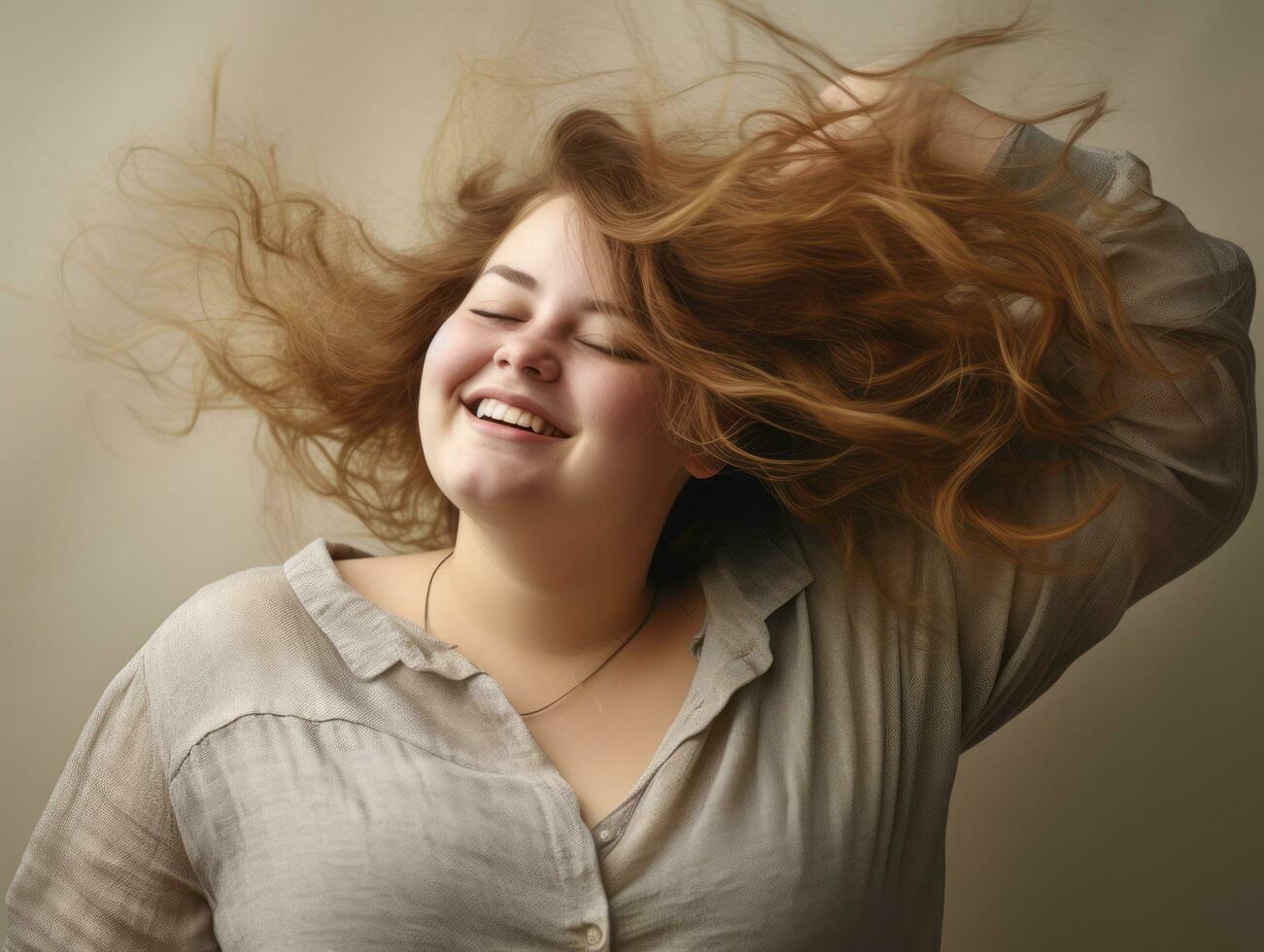 Plus size woman in emotional dynamic pose AI Generative photo