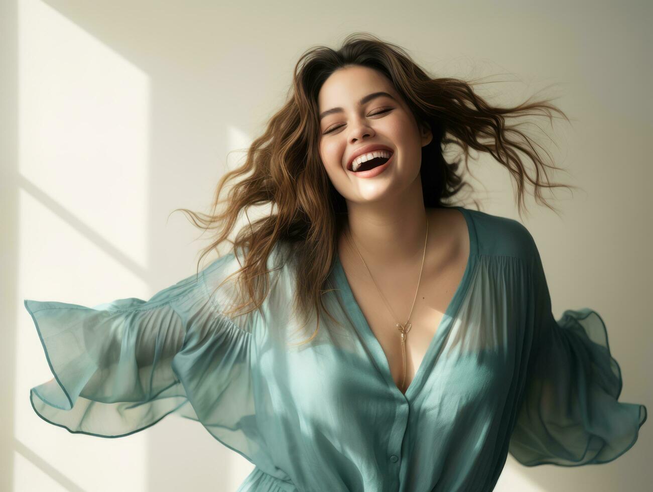 Plus size woman in emotional dynamic pose AI Generative photo