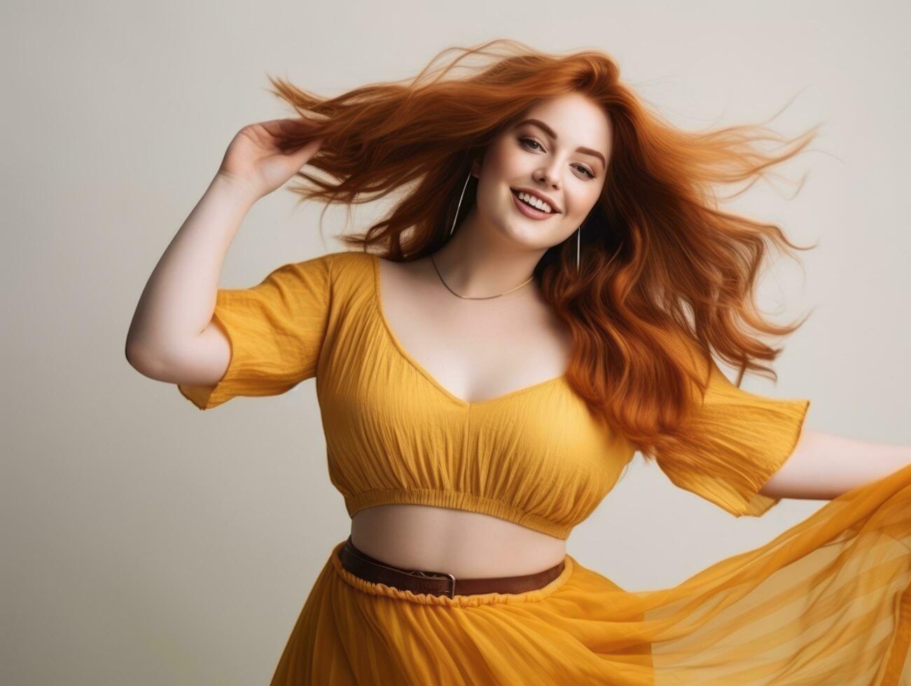 Plus size woman in emotional dynamic pose AI Generative photo