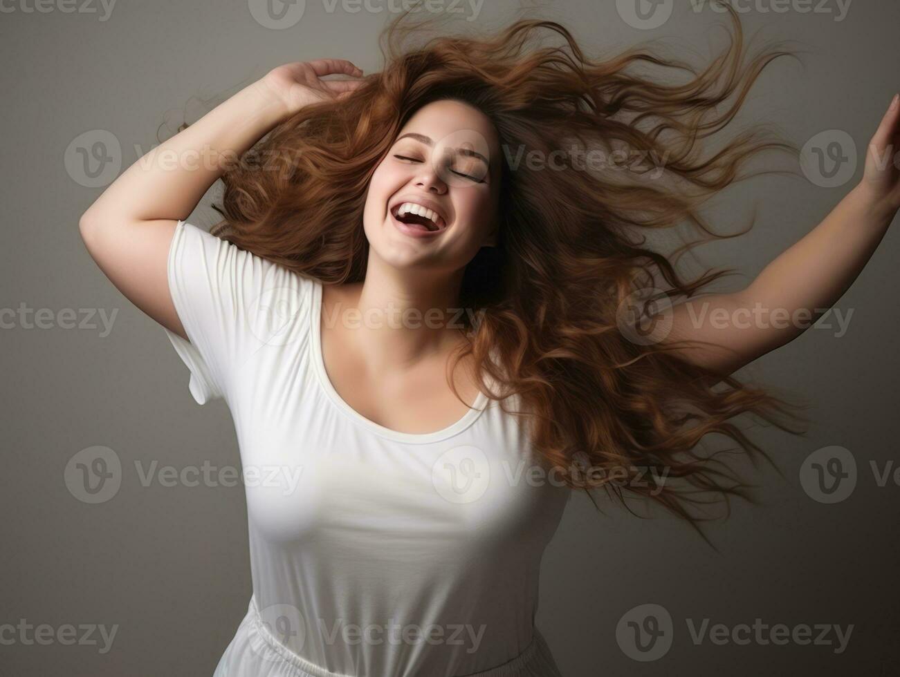 Plus size woman in emotional dynamic pose AI Generative photo