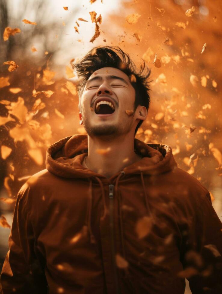 photo of emotional dynamic pose Asian man in autumn AI Generative