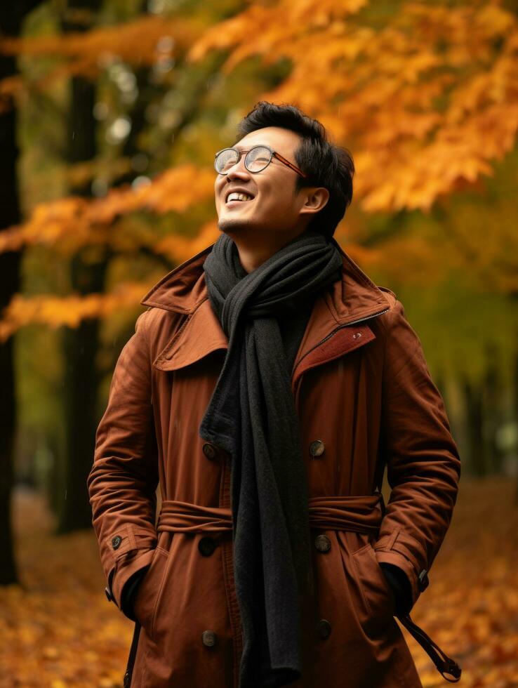 photo of emotional dynamic pose Asian man in autumn AI Generative