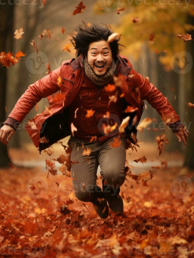 photo of emotional dynamic pose Asian man in autumn AI Generative