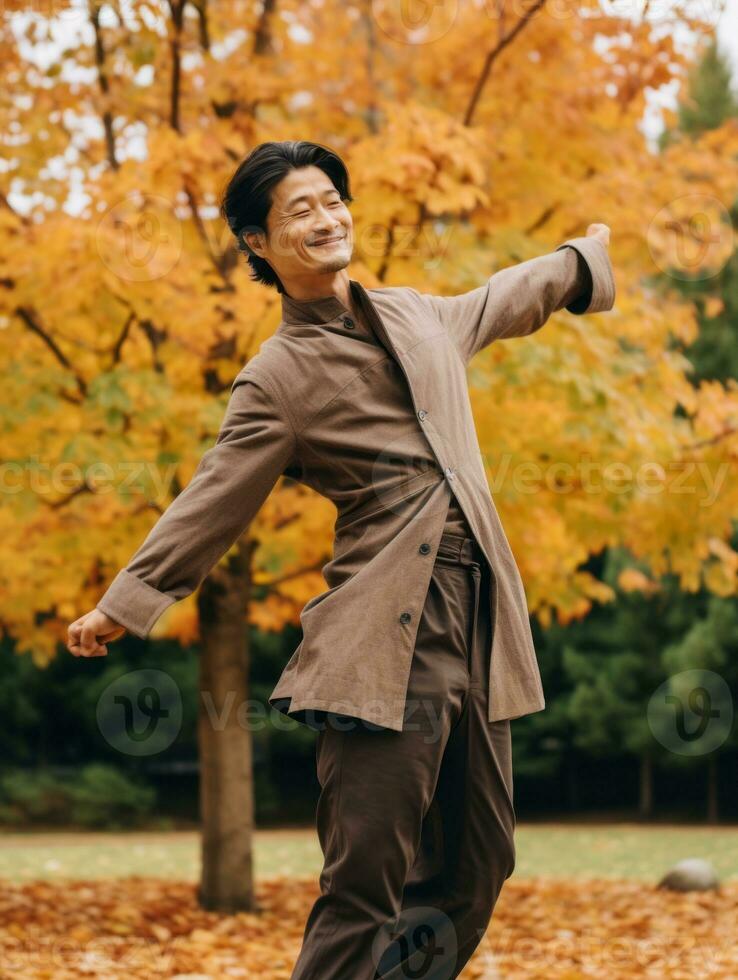 photo of emotional dynamic pose Asian man in autumn AI Generative