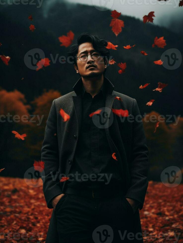 photo of emotional dynamic pose Asian man in autumn AI Generative