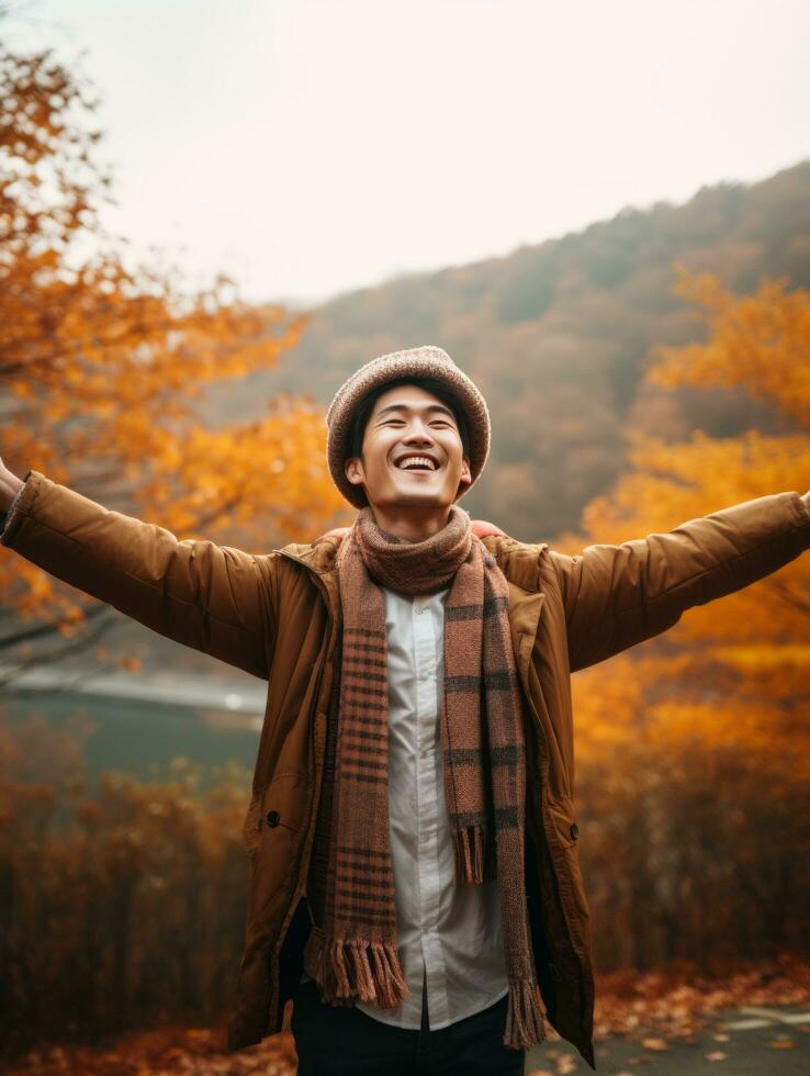 photo of emotional dynamic pose Asian man in autumn AI Generative