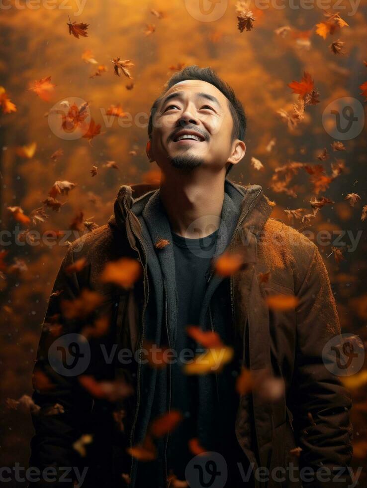 photo of emotional dynamic pose Asian man in autumn AI Generative