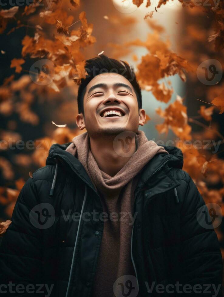 photo of emotional dynamic pose Asian man in autumn AI Generative