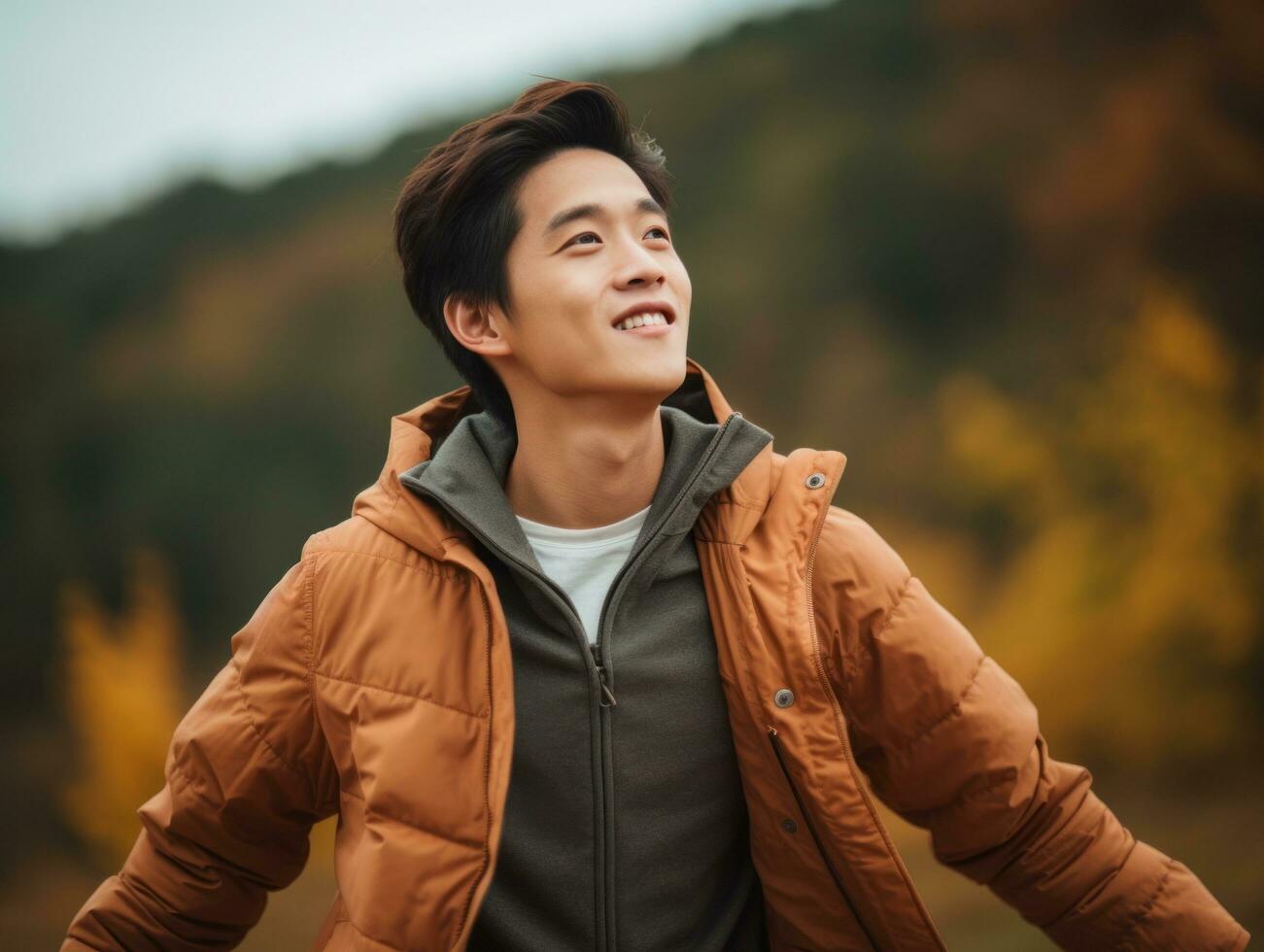 photo of emotional dynamic pose Asian man in autumn AI Generative