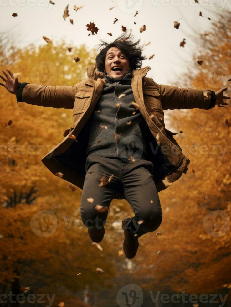 photo of emotional dynamic pose Asian man in autumn AI Generative