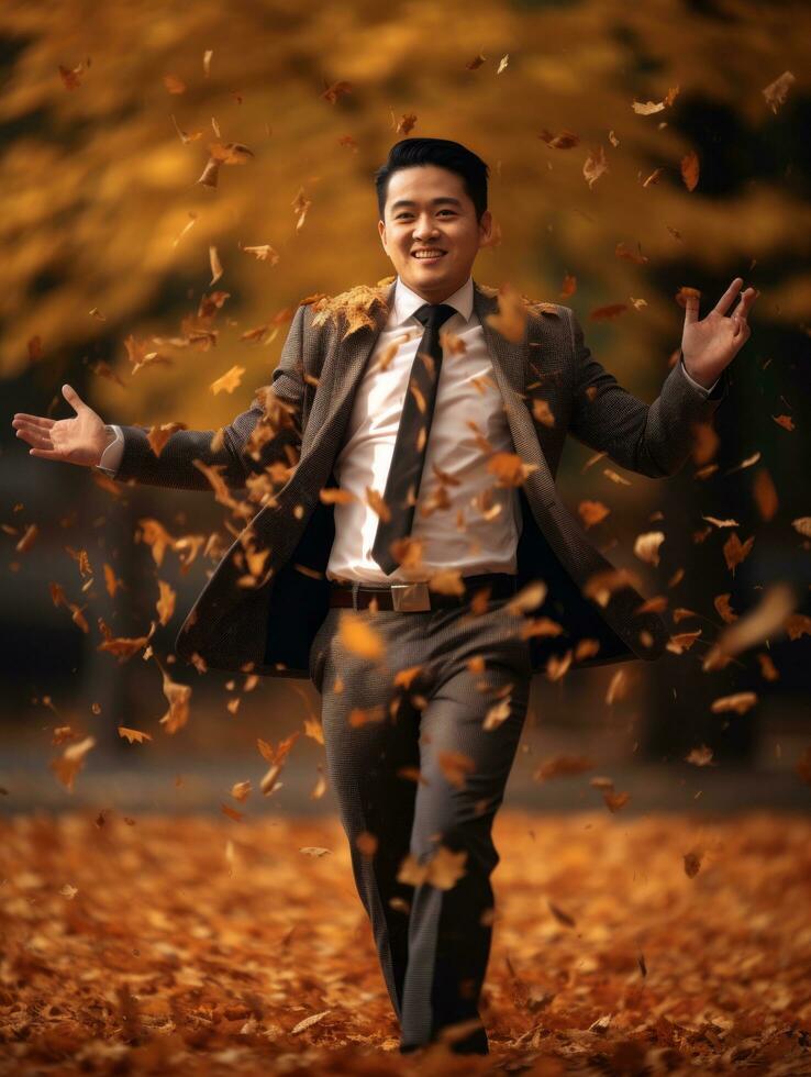 foto de emocional dinámica actitud asiático hombre en otoño ai generativo