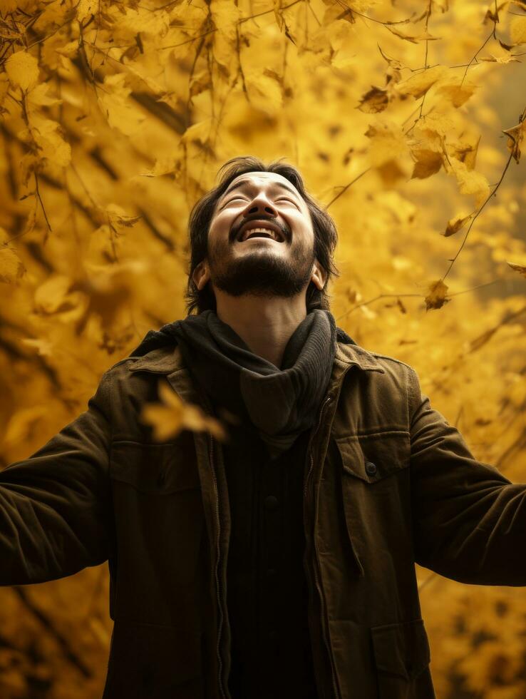photo of emotional dynamic pose Asian man in autumn AI Generative
