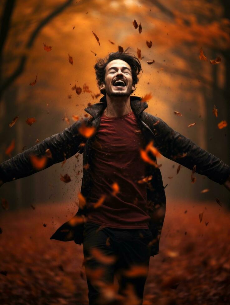photo of emotional dynamic pose Asian man in autumn AI Generative