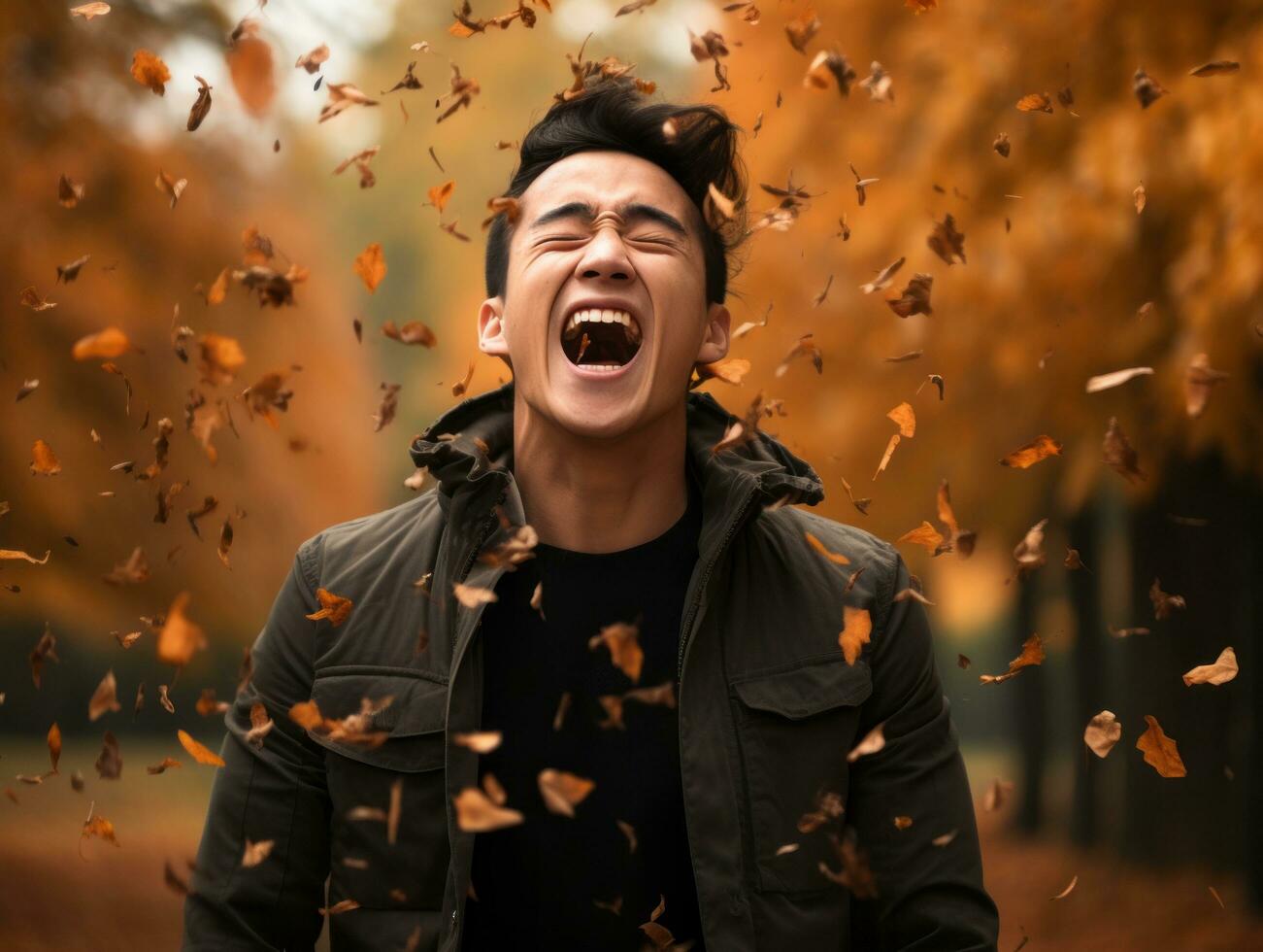 photo of emotional dynamic pose Asian man in autumn AI Generative