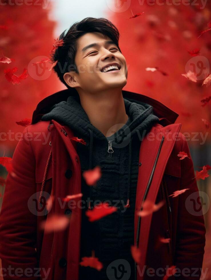 photo of emotional dynamic pose Asian man in autumn AI Generative