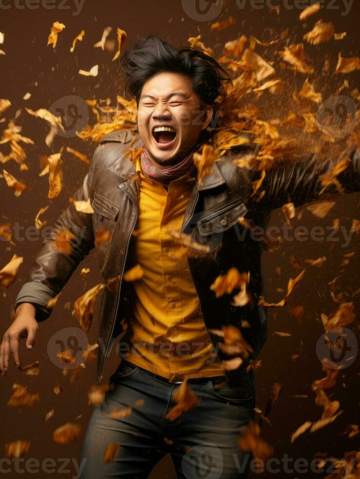 photo of emotional dynamic pose Asian man in autumn AI Generative