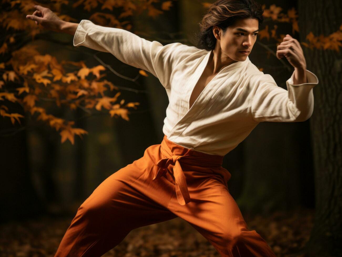 photo of emotional dynamic pose Asian man in autumn AI Generative