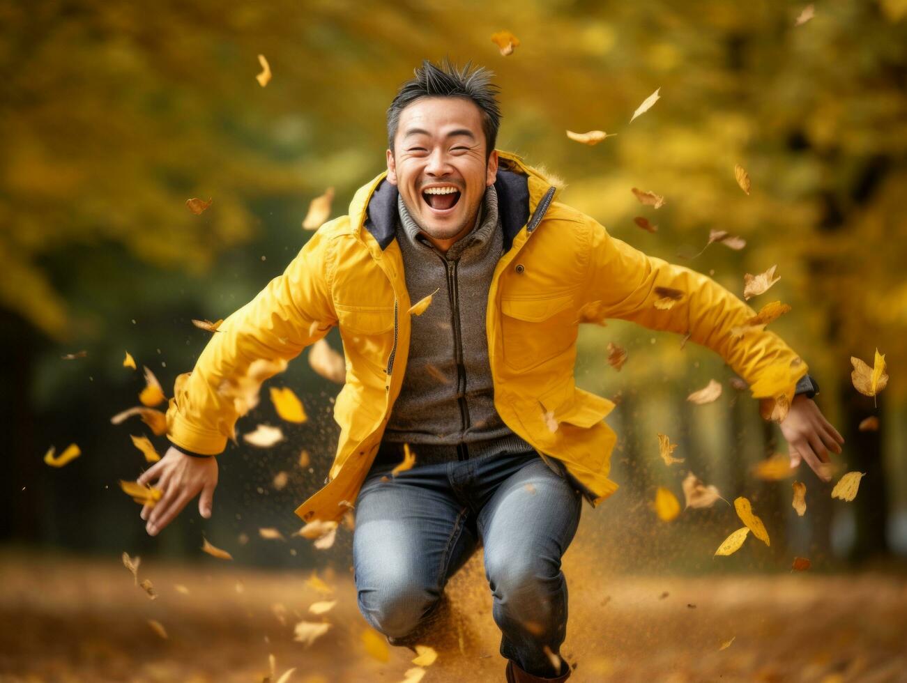 photo of emotional dynamic pose Asian man in autumn AI Generative