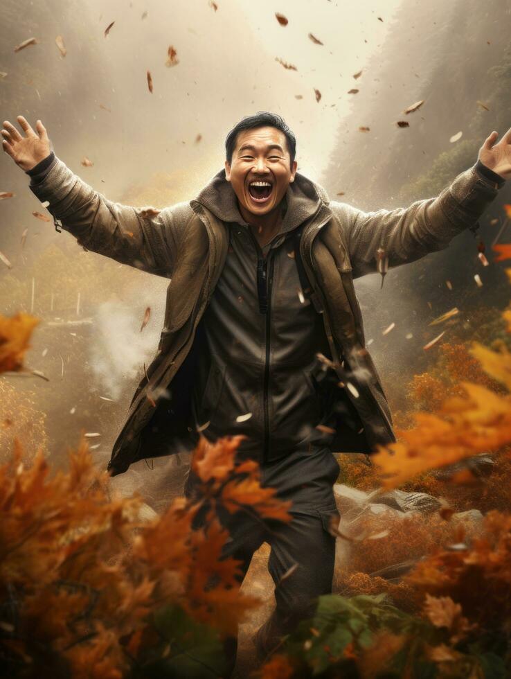 photo of emotional dynamic pose Asian man in autumn AI Generative