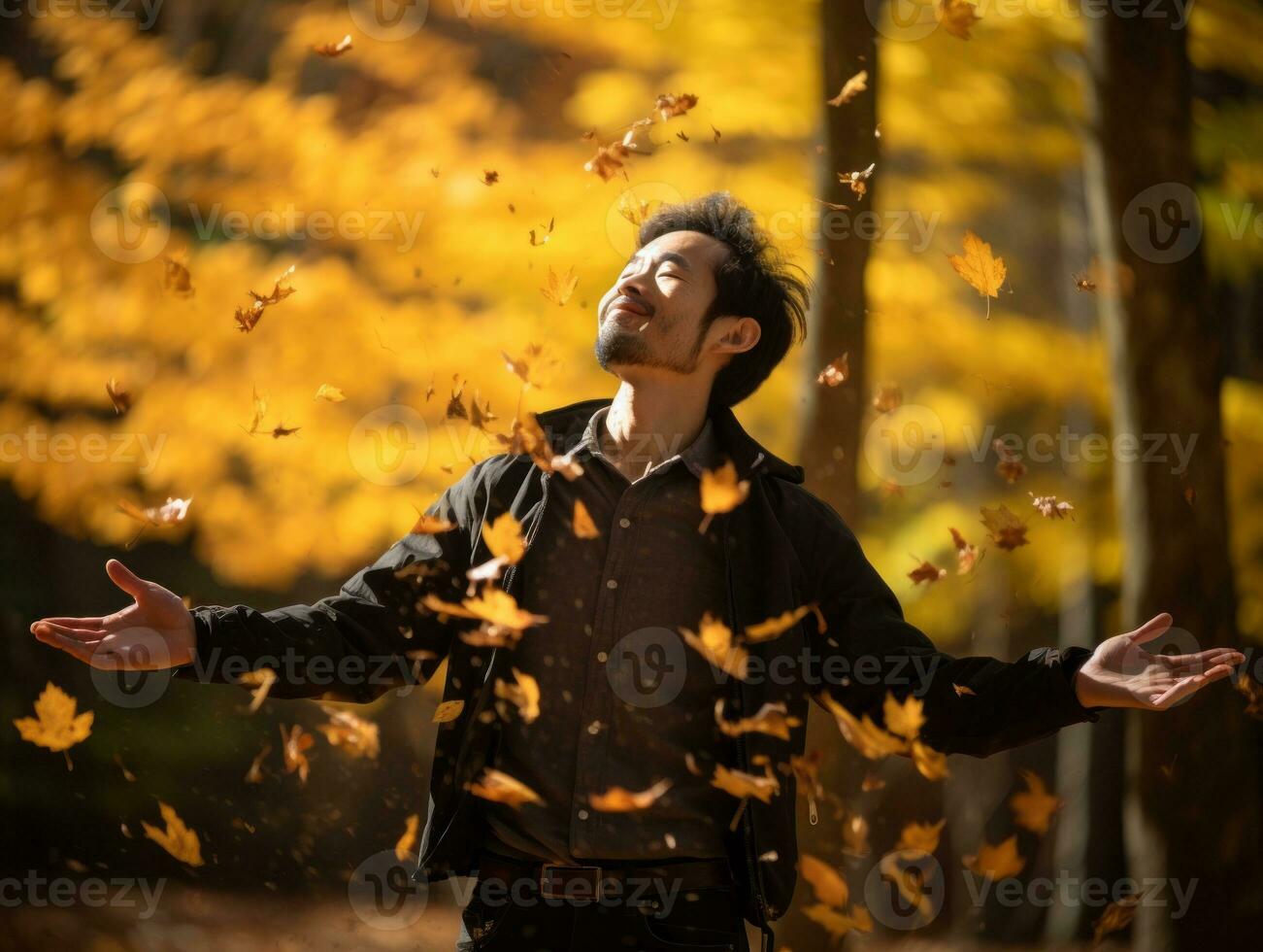 photo of emotional dynamic pose Asian man in autumn AI Generative