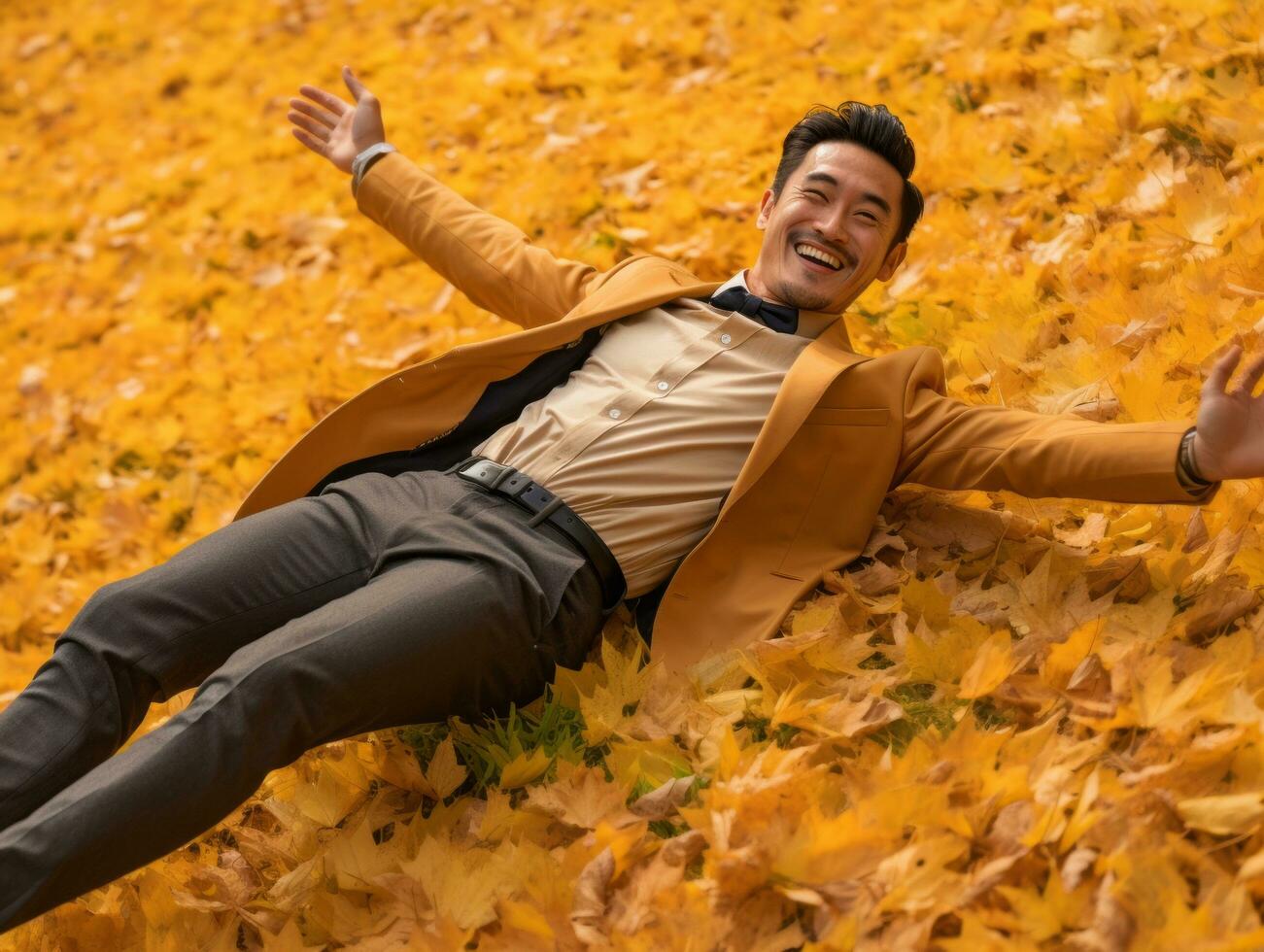 photo of emotional dynamic pose Asian man in autumn AI Generative
