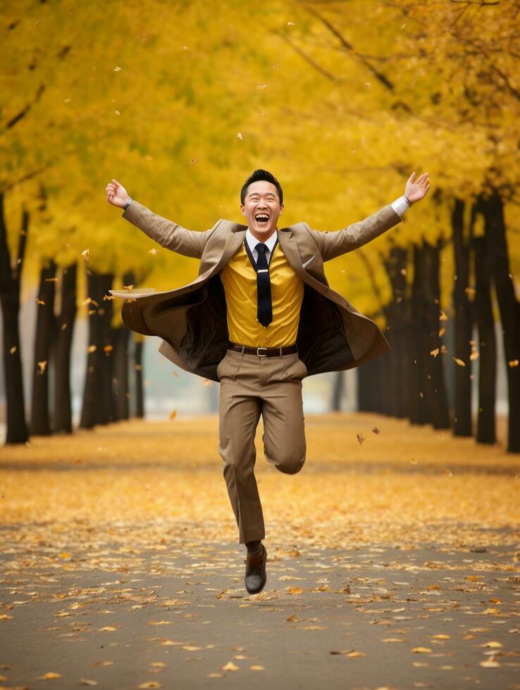 photo of emotional dynamic pose Asian man in autumn AI Generative