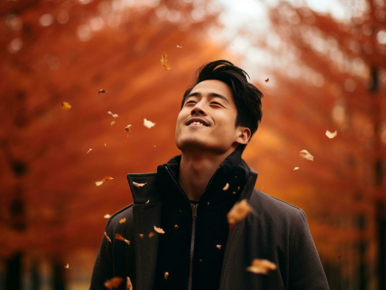 photo of emotional dynamic pose Asian man in autumn AI Generative