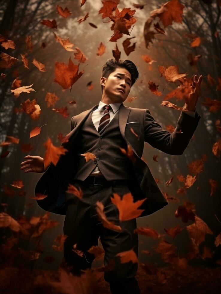 foto de emocional dinámica actitud asiático hombre en otoño ai generativo