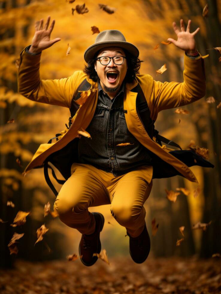 foto de emocional dinámica actitud asiático hombre en otoño ai generativo