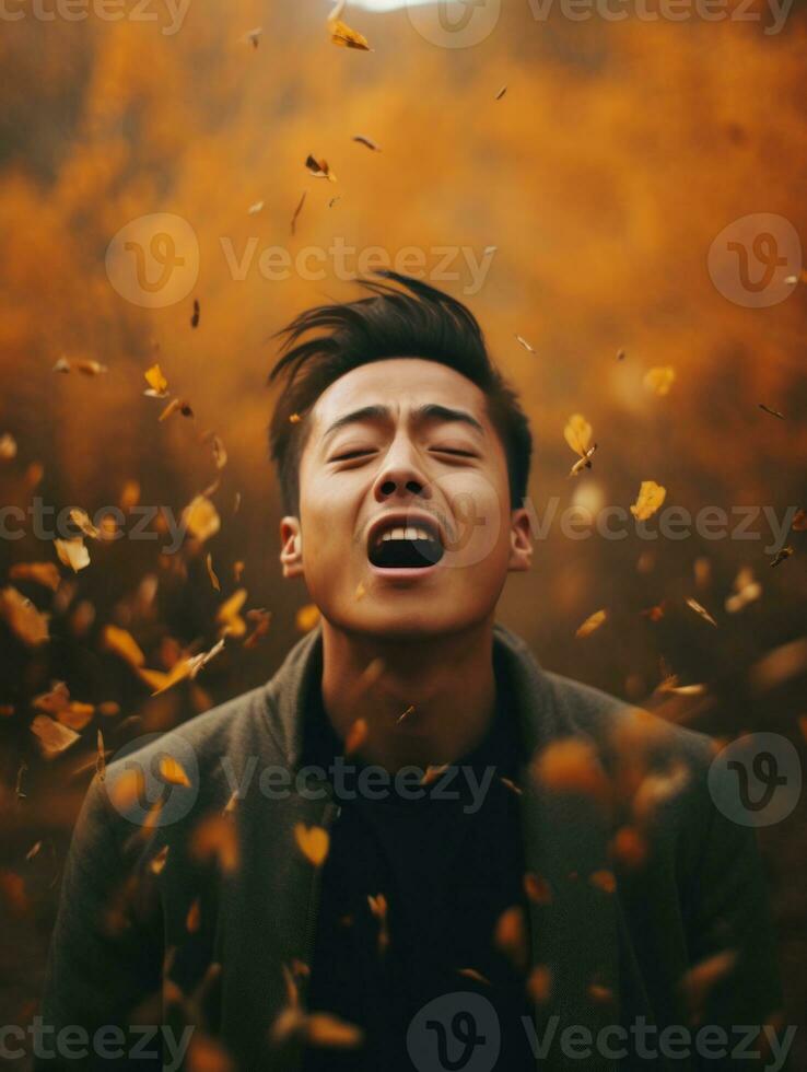 foto de emocional dinámica actitud asiático hombre en otoño ai generativo