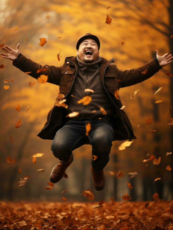 photo of emotional dynamic pose Asian man in autumn AI Generative