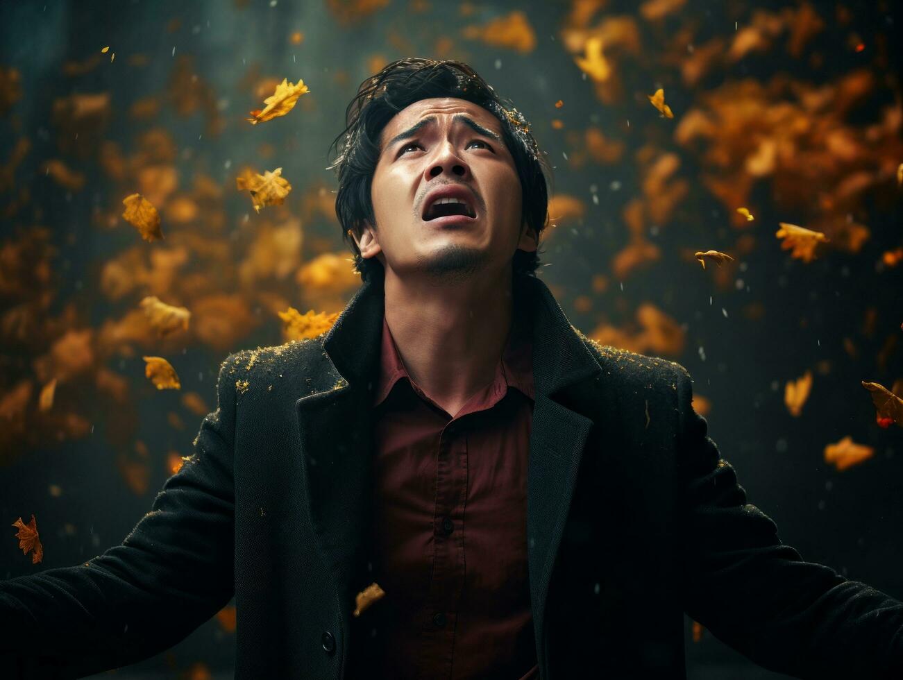 photo of emotional dynamic pose Asian man in autumn AI Generative