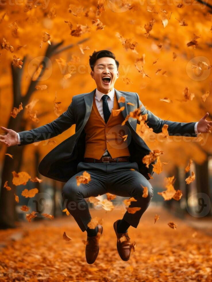 photo of emotional dynamic pose Asian man in autumn AI Generative