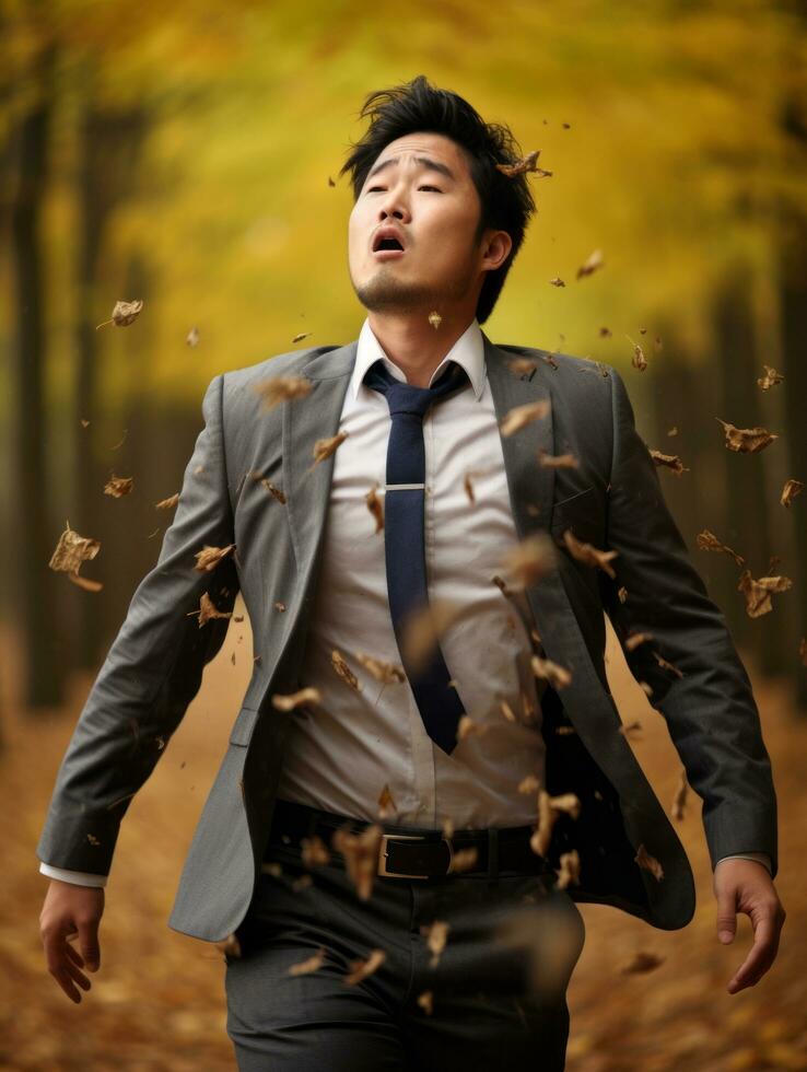 photo of emotional dynamic pose Asian man in autumn AI Generative