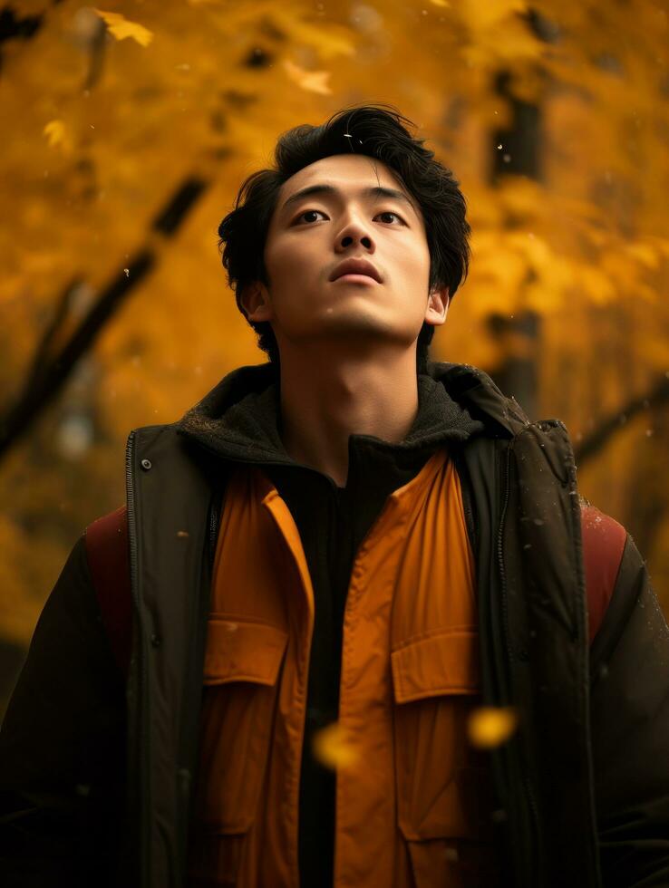 photo of emotional dynamic pose Asian man in autumn AI Generative