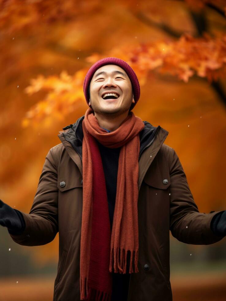 photo of emotional dynamic pose Asian man in autumn AI Generative