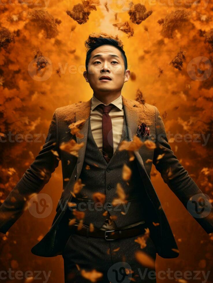 photo of emotional dynamic pose Asian man in autumn AI Generative